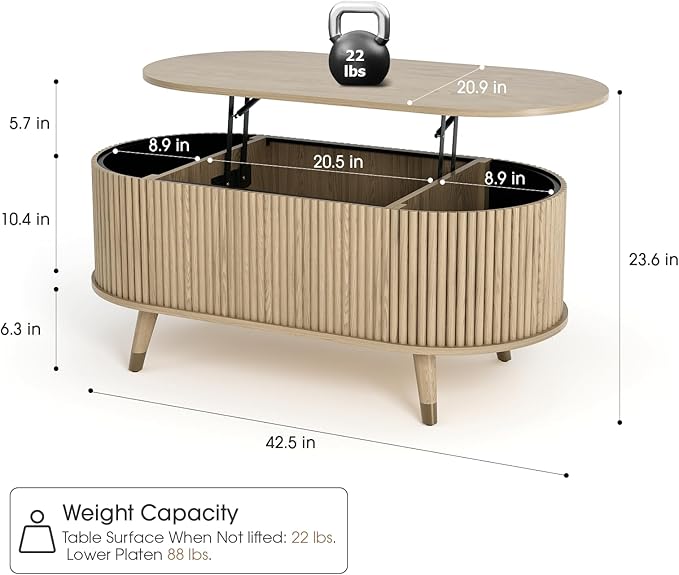 JOINICE 42.5" Oval Lift Top Coffee Table with Storage, Mid Century Modern Oak Center Table with Fluted Panel, Solid Wood Legs & Hidden Compartment for Living Room