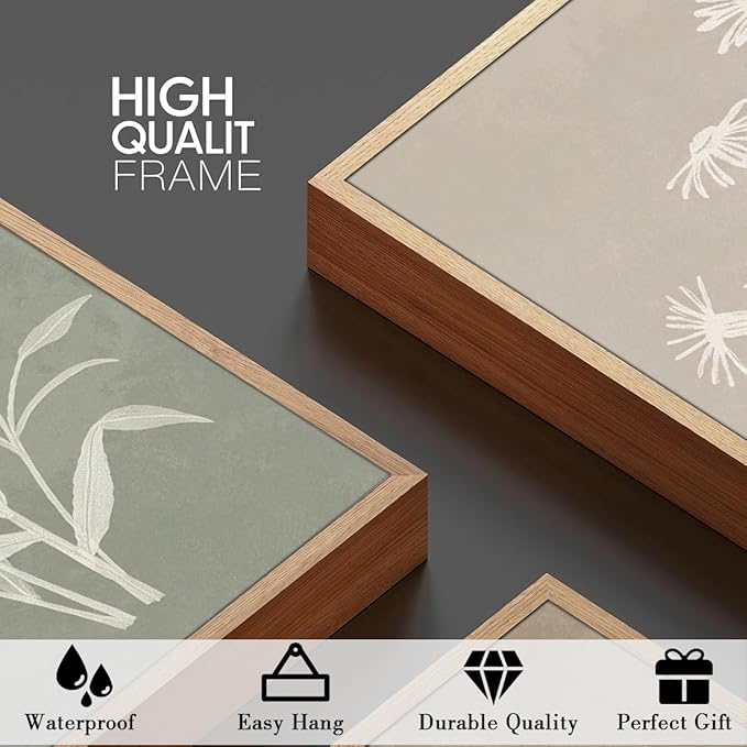 Anyzal Large Framed Boho Botanical Wall Art 16x24 Inch Neutral Plant Canvas Wall Decor Minimalist Floral Farmhouse Painting for Living Room Bedroom Dining Room Set of 3