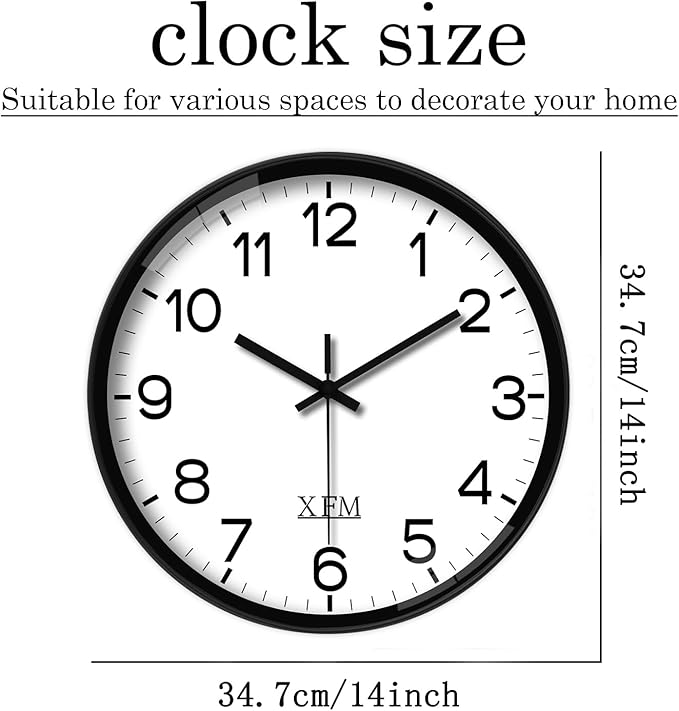 XFM Wall Clock Black Silent Wall Clocks Battery Operated 14 Inch Modern Non