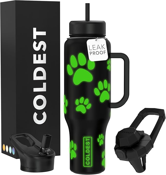 Coldest Tumbler with Handle and Straw - 100% Leak Proof Insulated Tumbler with Lid and Straw (3 Lids) - Stainless Steel Tumblers for Women & Men - Cup Holder Friendly Base, 46 oz (Glowie Paws)