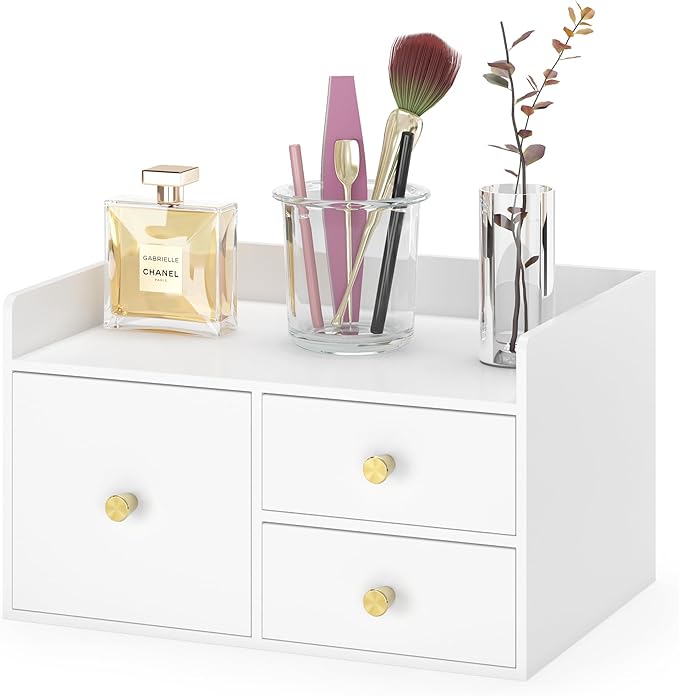 Bamboo Desk Organizer with Drawers Wooden Desktop Storage Drawers for Bills Office Supplies Kitchen Utensils Organizing Tool for Home Classroom Organization No Assembly (3 Drawer, White)