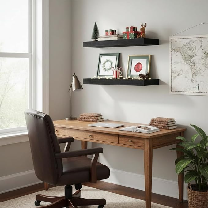 Black Floating Shelves for Wall 24 Inches Long, Heavy Duty Shelf for Bedroom
