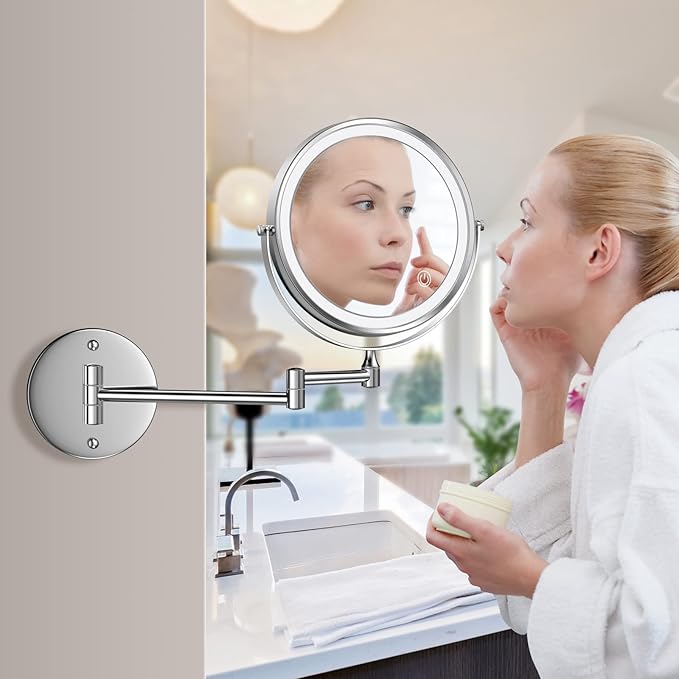 Rocollos Rechargeable Wall Mounted Lighted Makeup Mirror, 8 Inch Double-Sided