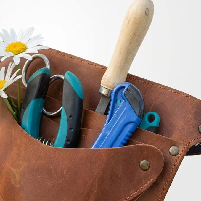 Leather Florist Tool Belt – Garden Tool Pouch with Adjustable Belt, Genuine Leather Gardening Waist Bag for Florists & Gardeners, Utility Floral Tool Holder, Warm Brown