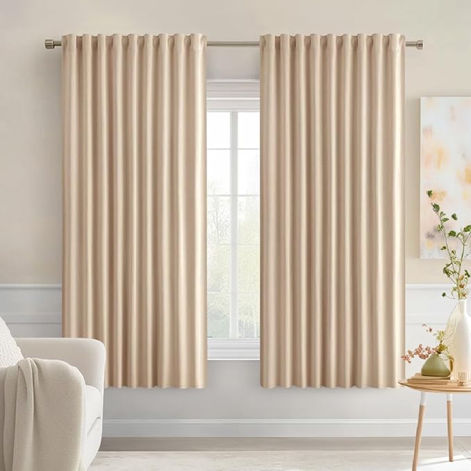 MIULEE Beige Back Tab Blackout Curtains 63 Inch Length 2 Panels Set