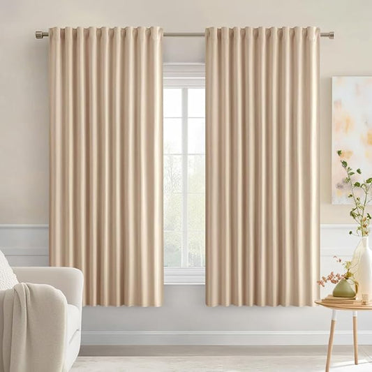 MIULEE Beige Back Tab Blackout Curtains 63 Inch Length 2 Panels Set