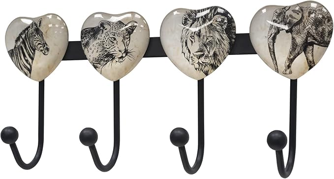 Coat Rack Wall Mounted with 4 Hook, Heart Glass Finishes Animal Pattern