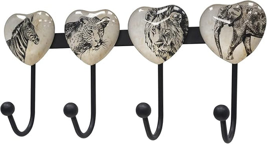 Coat Rack Wall Mounted with 4 Hook, Heart Glass Finishes Animal Pattern