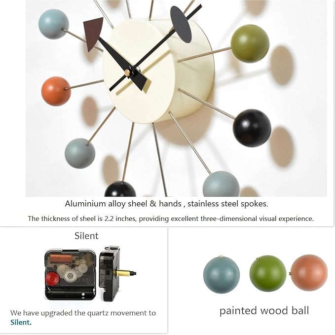 Wood Ball Wall Clock Mid Century Modern Silent Non Ticking Battery Operated 13