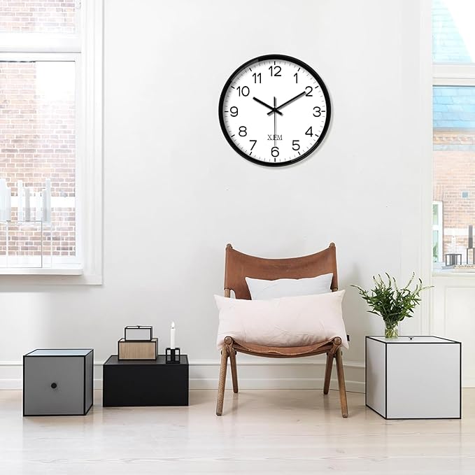 XFM Black Wall Clock 10 Inch Modern Small Wall Clocks Battery Operated Silent