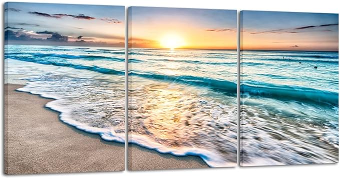 Wieco Art 3 Panels Blue Beach Sunrise White Wave Pictures on Canvas Wall Art