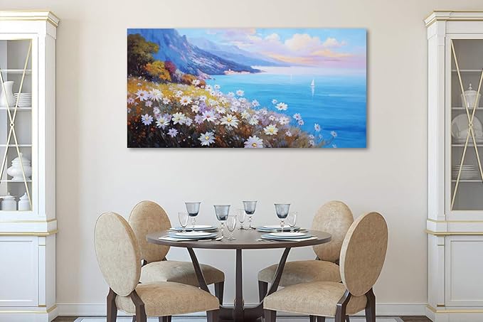 Anolyfi Coastal Landscape Wall Art Nature Flower Mountain Canvas Painting Blue