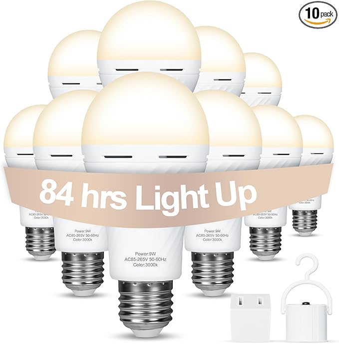 10 Packs Rechargeable Light Bulbs,Emergency Light Bulbs Socket Self-Charging, 3000K Battery Powered Light Bulb for Lamps and Wall Sconces, Up to 24 Hours Outdoor Camping, Hiking, Hurricane Use