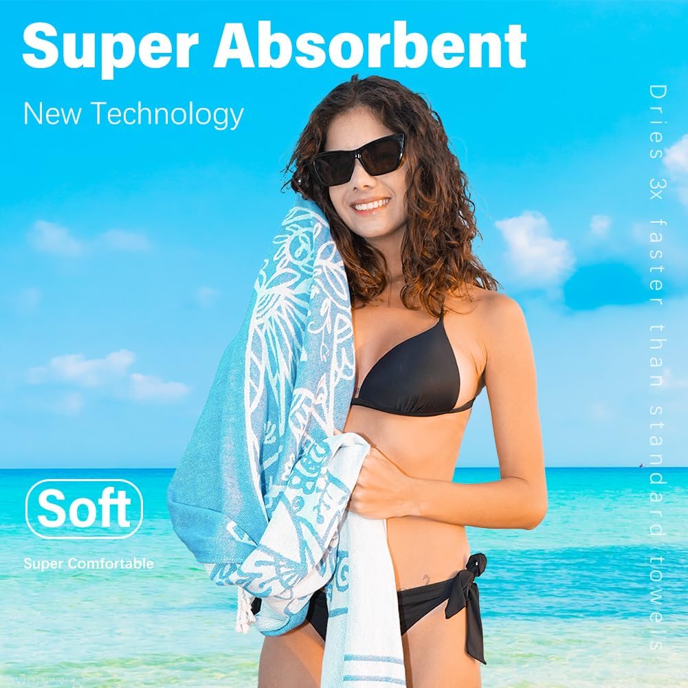 Widdonen Thin Turkish Beach Towel - Lightweight, Quick-Dry, Absorbent Cotton | Extra Large Sand-Free Pool & Bath Accessory