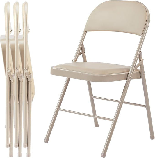 Sweetcrispy Folding Chair 4 Pack, Leather Padded Foldable Chairs, Sturdy Metal Portable Chairs, Easy to Use and Store, Outdoor and Indoor, for Home, Office, Party, Garden, Kahki