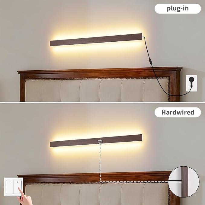 KELUOLY Farmhouse Plug in Long Wall Sconce, 31.4 inch Faux Walnut Finish LED