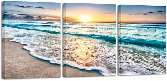 Wieco Art 3 Panel Blue Beach Canvas Wall Art