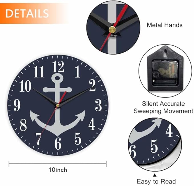 Mxocom Anchor Wall Clock Boat Anchor Marine Navigation Blue 10 Inch Silent Non