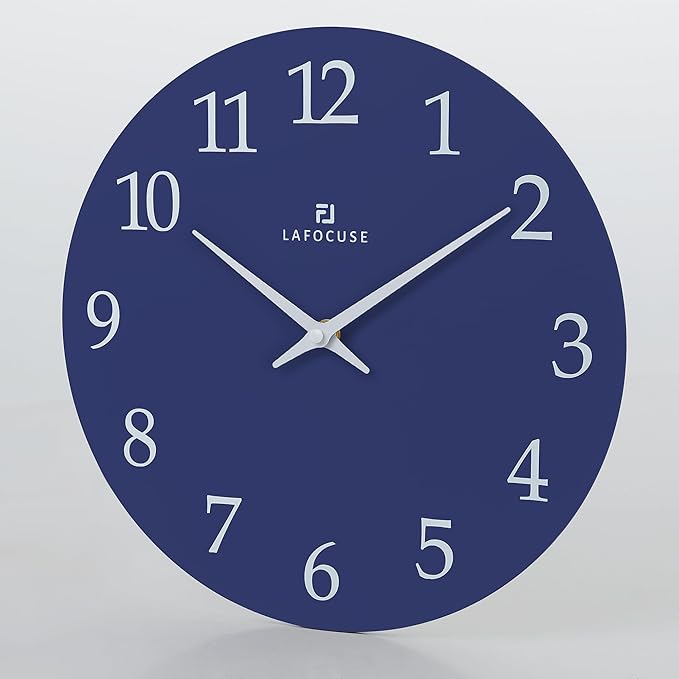 Lafocuse 12 Inch Wooden Navy Blue Wall Clock Battery Operated, Simple