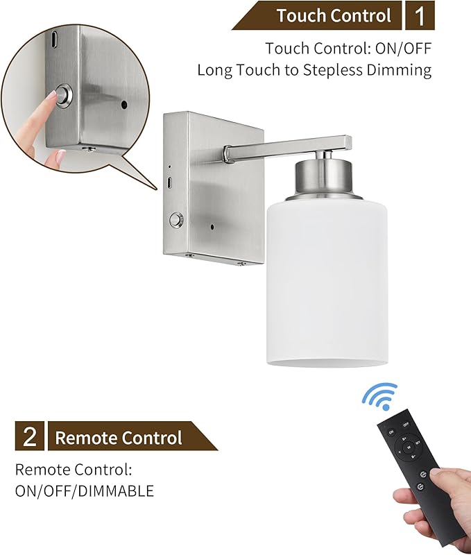 Rayogale Wireless Wall Sconces, Nickel Battery Operated Wall Sconce Set of 2