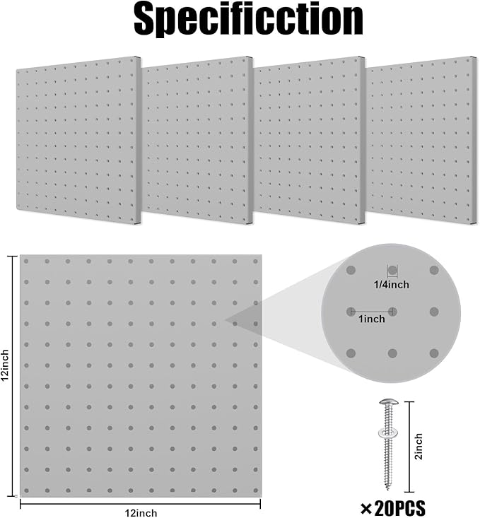 Peg Board, 4 Pack Metal Pegboard Panels Grey Pegboards Wall Organizer
