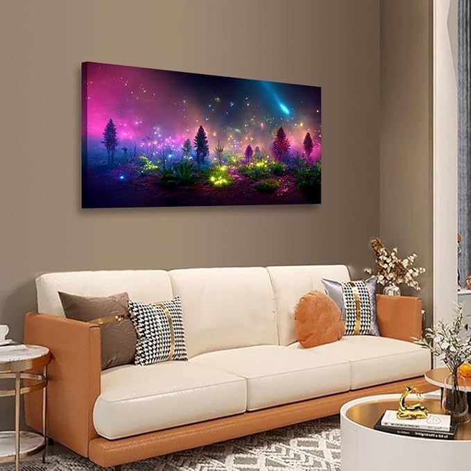 Fantastic Starry light Canvas Wall Art for Living room Office Bedroom Purple Dream Wall Art Print Paintings Modern Forest Fog Pictures Wall Decor Artwork Waterproof Ready to Hang - 70in * 35inch