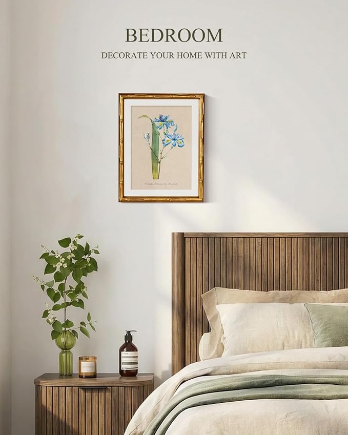 InSimSea Gold Bamboo Framed Canvas Wall Art, Retro Blue Iris Botanical Prints