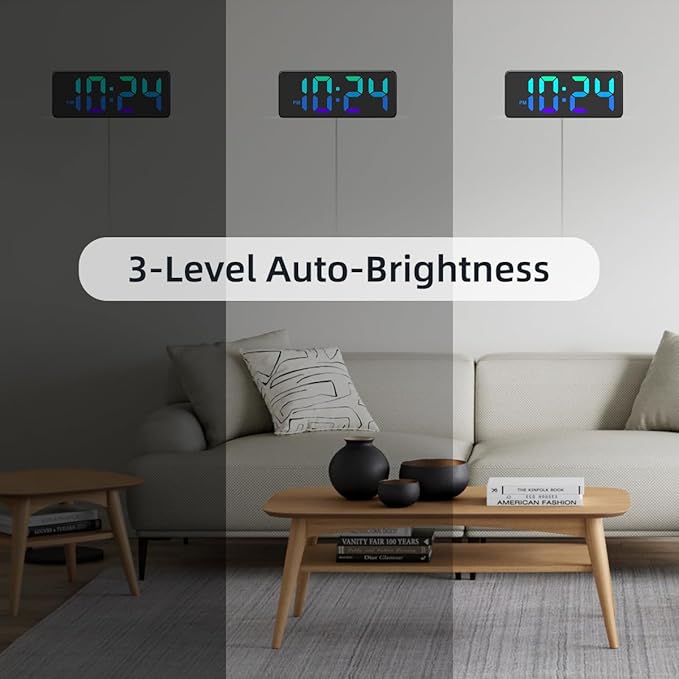LED Digital Wall Clock with Dynamic RGB Display, Big Digits, Auto-Brightness