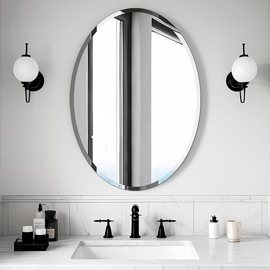 Bathroom Mirror for Over Sink, Oval Frameless Mirror, Beveled Polished Wall