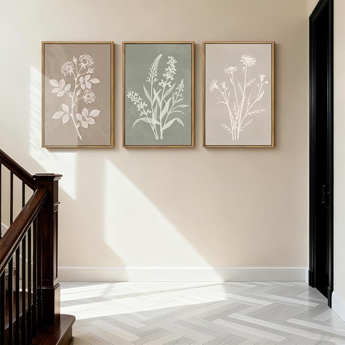 Anyzal Large Framed Boho Botanical Wall Art 16x24 Inch Neutral Plant Canvas Wall Decor Minimalist Floral Farmhouse Painting for Living Room Bedroom Dining Room Set of 3