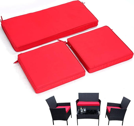 3-Pack Outdoor Patio Furniture Replacement Cushions SetâHigh-Elastic Sponge Cushions Fit 4-Piece Wicker Rattan Sofa, Loveseat & Chairs, 36x18x2 & 18x18x2, Waterproof, Fade-Resistant (Wine red)