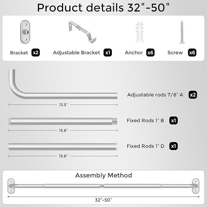 Curtain Rods 32-46 Inch, 1 Inch Adjustable Heavy Duty Room Darkening Window