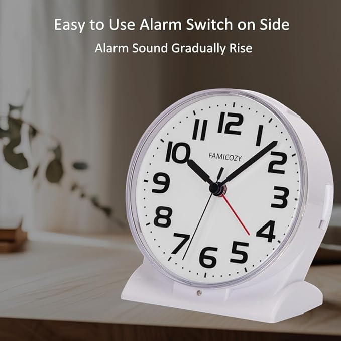 FAMICOZY Automatically Backlighted Alarm Clock,Silent No Ticking for Seniors Vision Impaired,Easy to Set,Big Numbers,Ascending Alarm,Gentle Wake,Snooze,2 AA Battery Operated,White