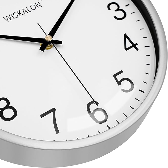 WISKALON 10 Inch Wall Clock, Silent Non-Ticking Round Silver Frame Clock