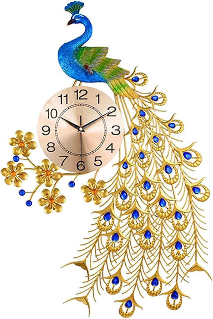 Large Peacock Wall Clock for Living Room Decor, Mid Century Decorative Big Wall