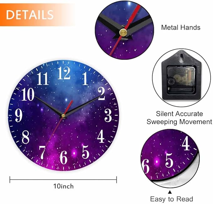 Mxocom Colourfull Sky Wall Clock Blue Purple Nebula White Colour Star 10 Inch