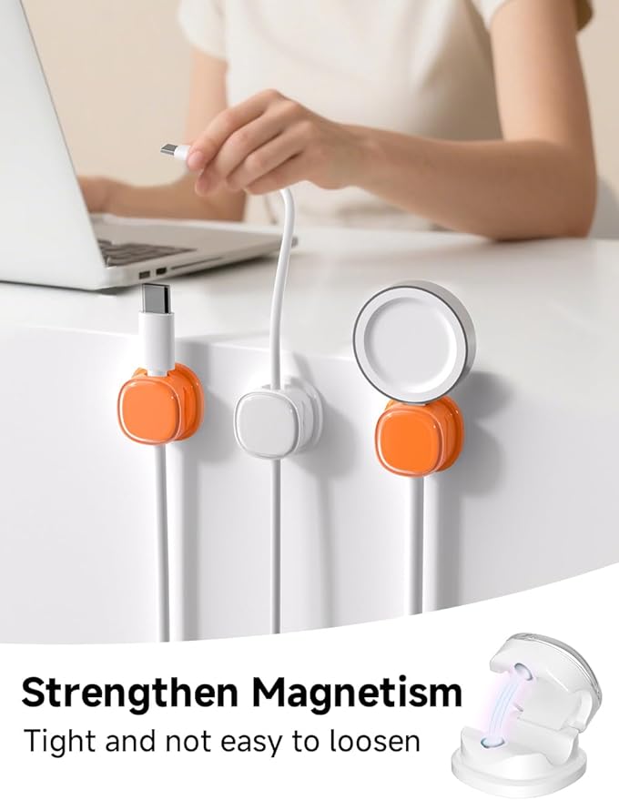 Magnetic Cable Clips, Adjustable Cord Holder Management, Adhesive Wire Keeper Organizer for Home Office Desk Phone PC Car Wall Desktop Nightstand Appliance (9-PCS White & Orange)