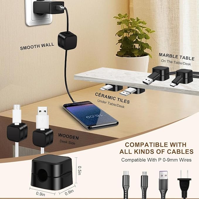 8 Pack Magnetic Cable Clips Cord Holder With Free 0.39*196 Inch Cut - To - Size Binding Tape For Cord Management | Adhesive Cable Organizer For Home, Office, Car - Hide Phone Charging Cables, Desk Use