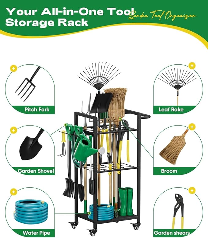 Garden Tool Organizer with Wheels, Heavy Duty 3 Tier Metal Yard Tool Storage Rack Holder with Side Hooks, Freestanding Garage Organizer for Shovels, Rakes, Brooms, Indoor Outdoor Use, Black