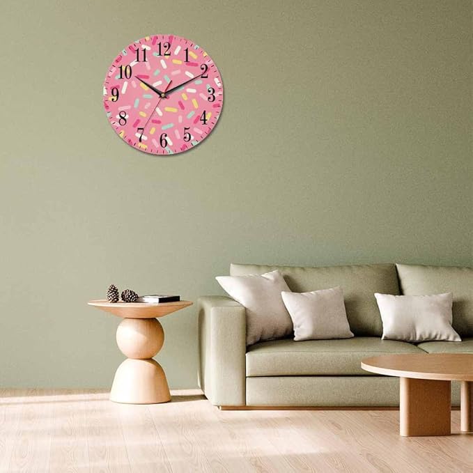 Mxocom Pink Donut Glaze Wall Clock Ice Cream Chocolate Colorful Sprinkles 10
