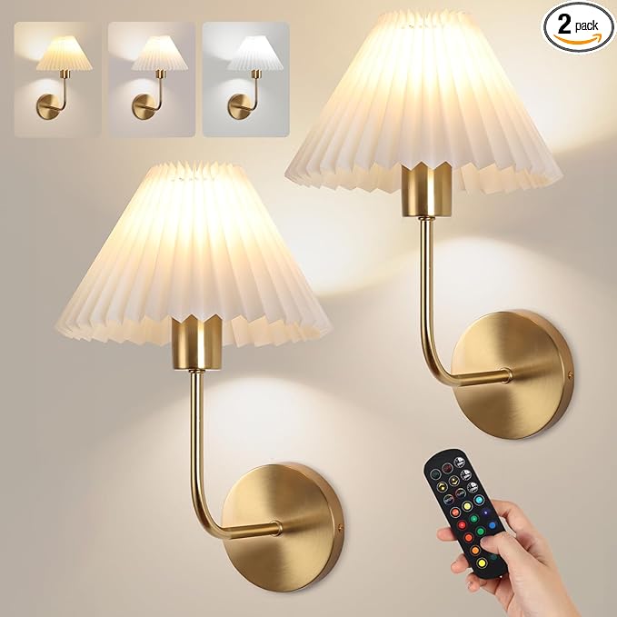 Wireless Wall Sconce Sets of 2, Pleated Shades Rechargeable Battery Operated