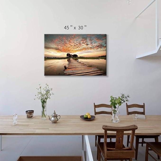Hardy Gallery Lake Bridge Canvas Picture Artwork: Wooden Bridge Painting Sunset Landscape Wall Art Print for Living Room (45” x 30” x 1 Panel)