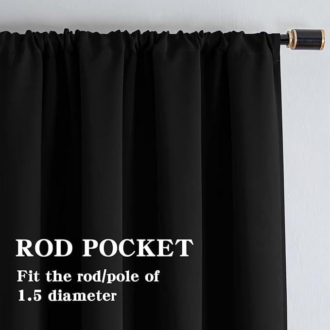 IGEMAEVE Black Blackout Curtains 72 Inch Length 2 Panels Set, Rod Pocket Energy