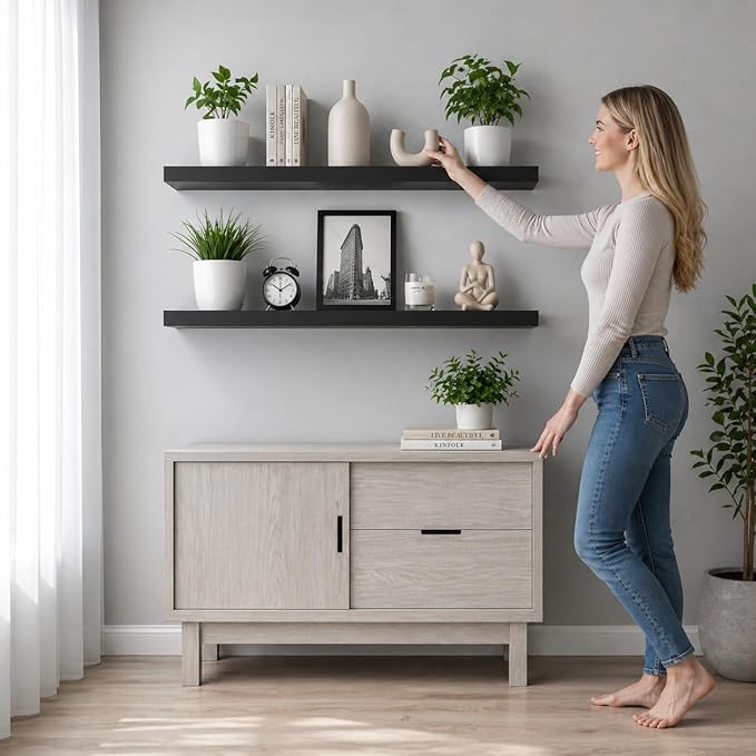 Wood Floating Shelves Set of 2, 36 Inch Long, 8 Inch Deep Solid Wood Wall