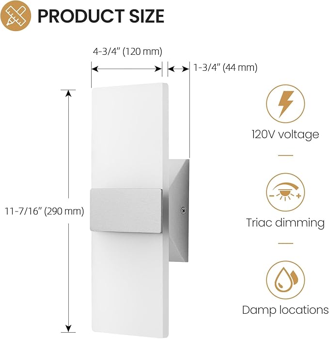 Modern LED Wall Sconces Set of Two, 12 Inch Indoor Dimmable Brushed Nickel Wall