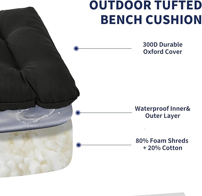 IPYNBAP Outdoor Bench Cushion, 59x18x5 Inch, Waterproof Bench Cushion for Outdoor/Indoor Furniture, Tufted Patio Bench Seat Cushion, Fade Resistant Outdoor Cushions for Porch Swing Couch, Black