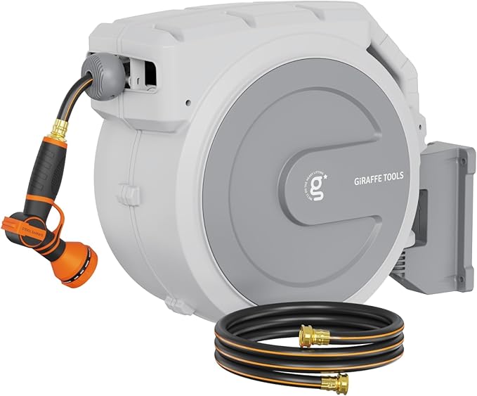 Giraffe Tools Heavy Duty Retractable Garden Hose Reel 1/2 130 FT, Wall Mounted with 9 Pattern Nozzle & Detachable Leader Hose, 180Â° Swivel Bracket, Any Length Lock, Commercial Grade (Light Grey)
