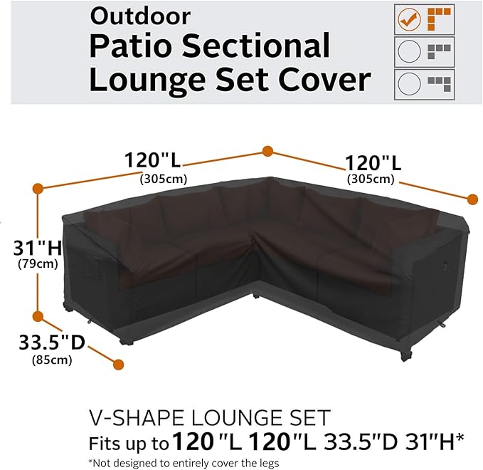 Upgraded Patio Furniture Covers, Waterproof Outdoor Sectional Cover, 600D PU Outdoor Furniture Sofa 120" x 120" L Shaped V-Shaped Outdoor Couch Cover for Lawn Outside - Midnight Black