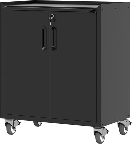 Metal Storage Cabinet with Wheels, Lockable Garage Storage Cabinet with Doors