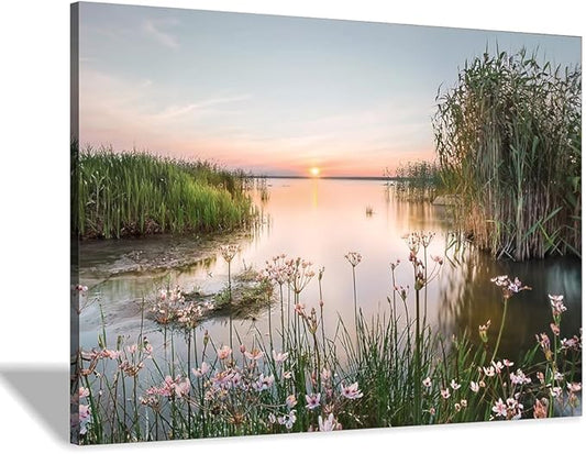Hardy Gallery lake pictures wall decor artwork: scenic canvas wall art lake scene artwork nature scenery painting - sunset landscape prints for bedroom house 45"x30"